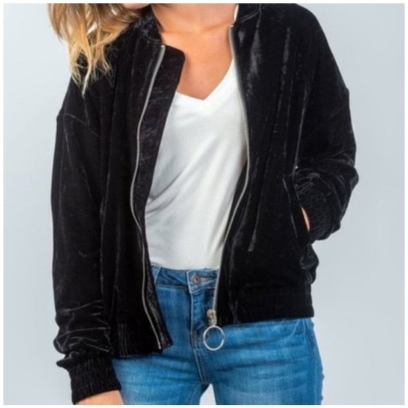 Wet Seal Black Sweet Like Honey Embroidered Velour Velvet Bomber Jacket Sz Large - Picture 3 of 10